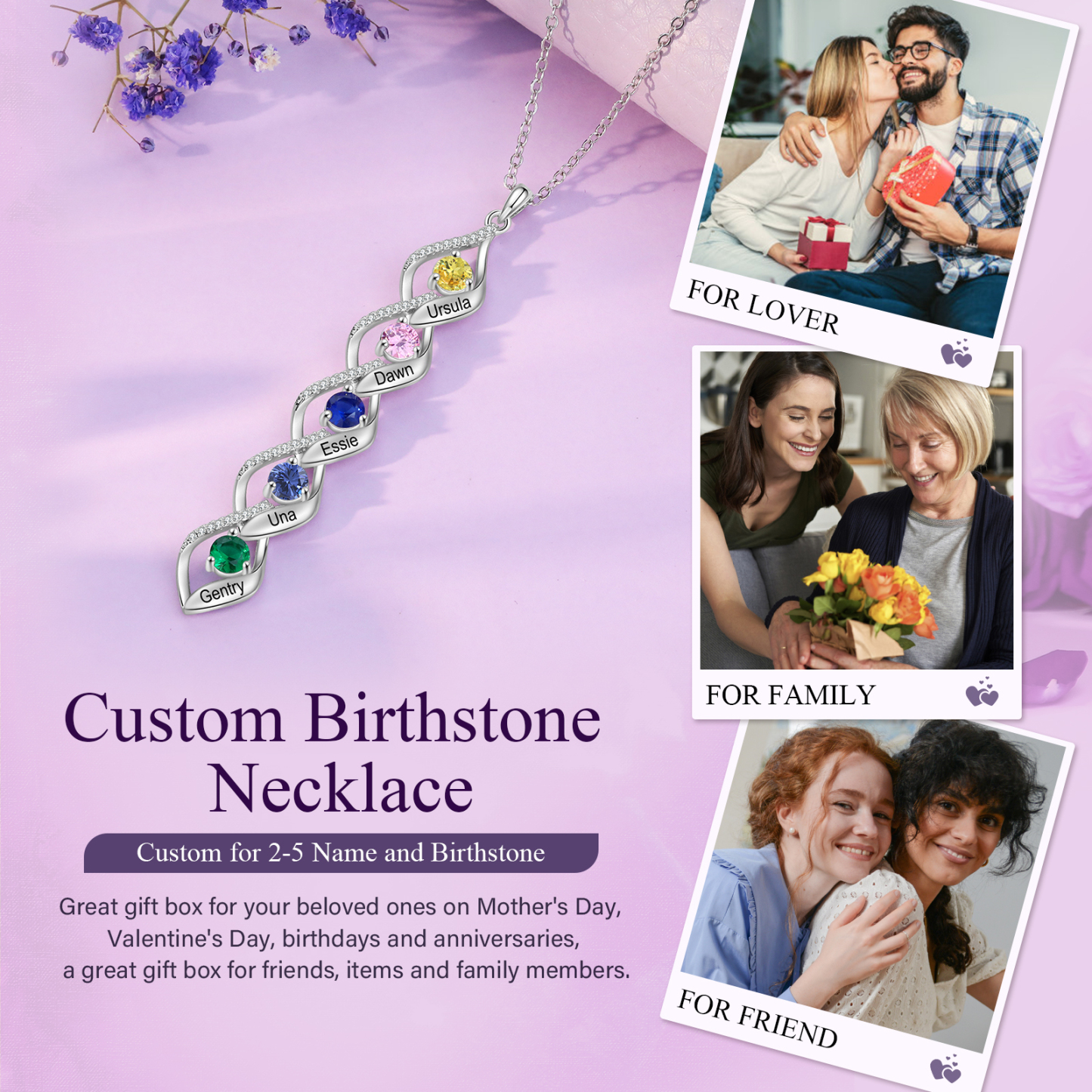 5 Names - Personalized Necklace Custom Birthstone Necklace Engraved with Name A special Gift For Mom/Grandma
