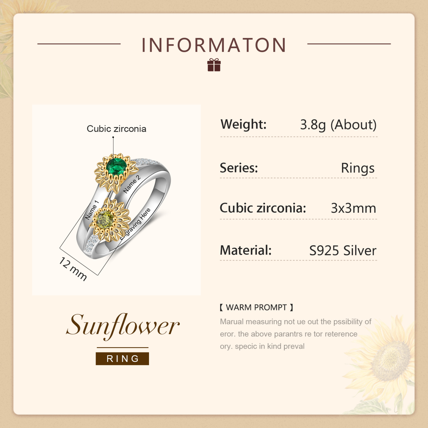 Personalized Sunflower Ring With 2 Birthstones Engraved Names Ring Gift For Women | Jessemade