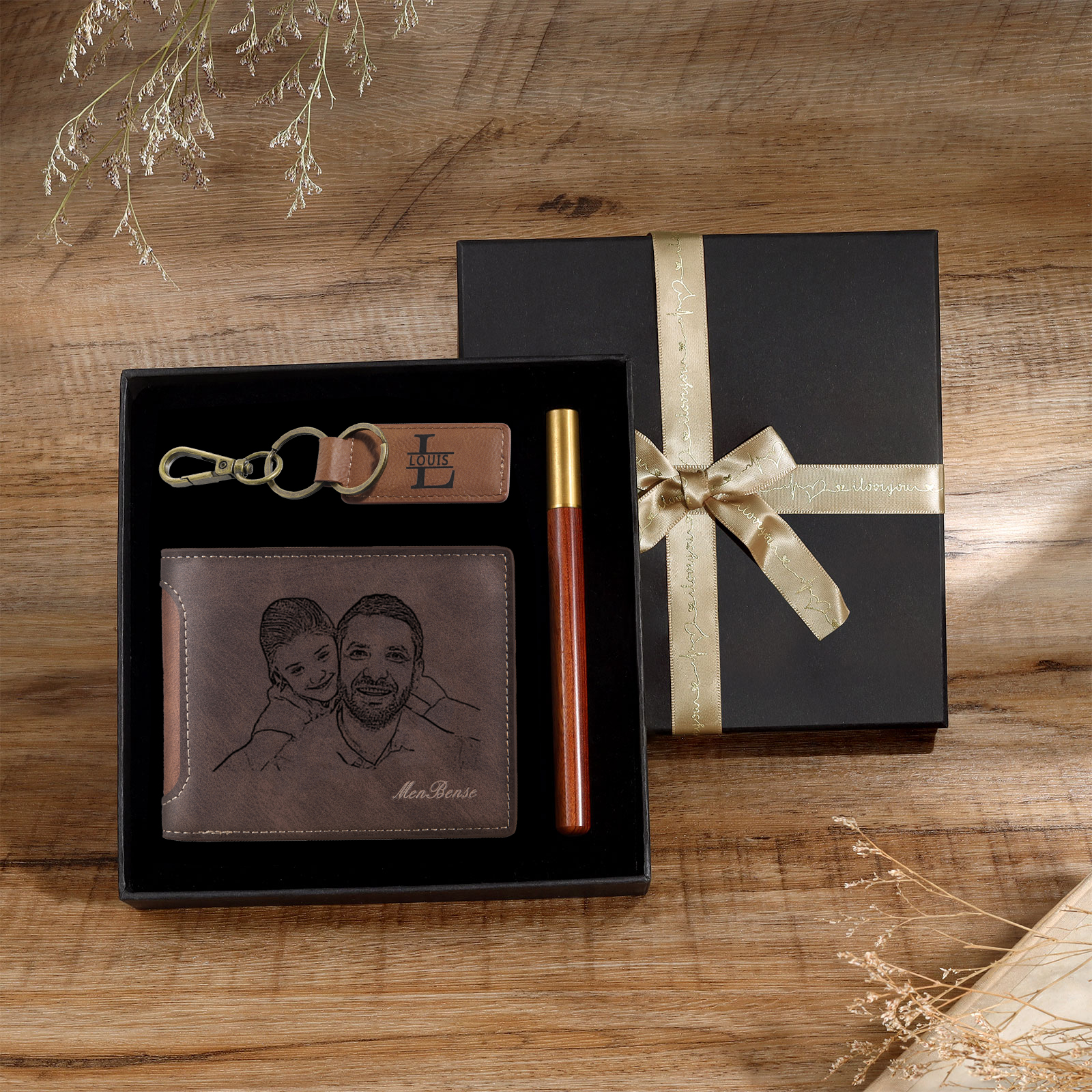 Photo Personalized Leather Wallet Gift Box Set with Keychain Customizable Letter Name Wallet Gift for Him