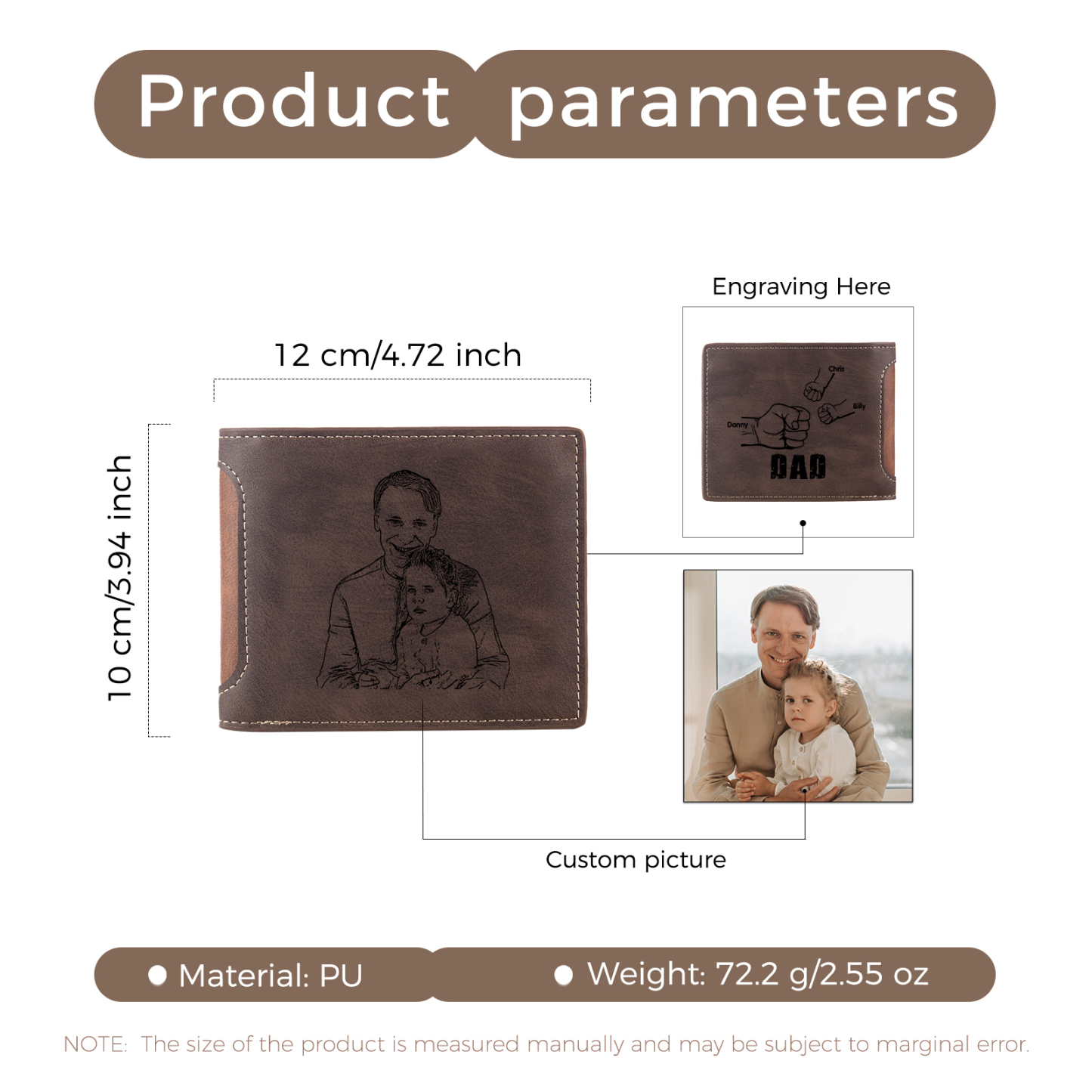 3 Names - Personalized Photo Custom Leather Men's Folding Wallet as a Father's Day Gift for Dad