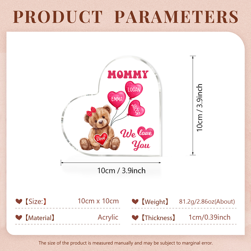 3 Names-Personalized Bear Acrylic Heart Keepsake Custom Text Acrylic Plaque Ornaments Gifts for Mom