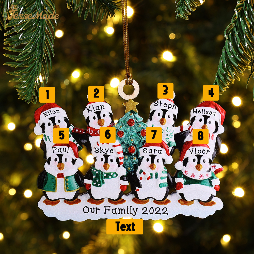 8 Names-Personalized Family Wooden Christmas Ornament-Custom 8 Names Hanging Ornament Gifts For Family-Winter Penguin Family