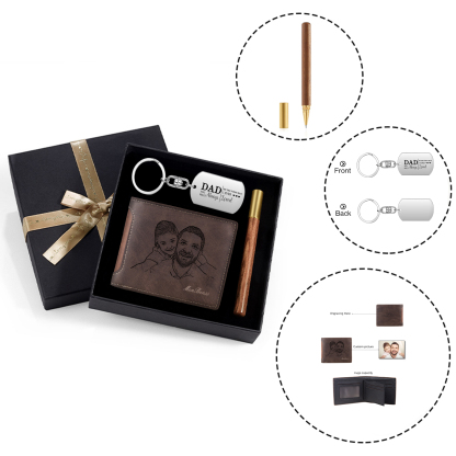 Photo Personalized Leather Wallet Gift Box Set with Keychain Customizable Text Wallet Gift for Dad