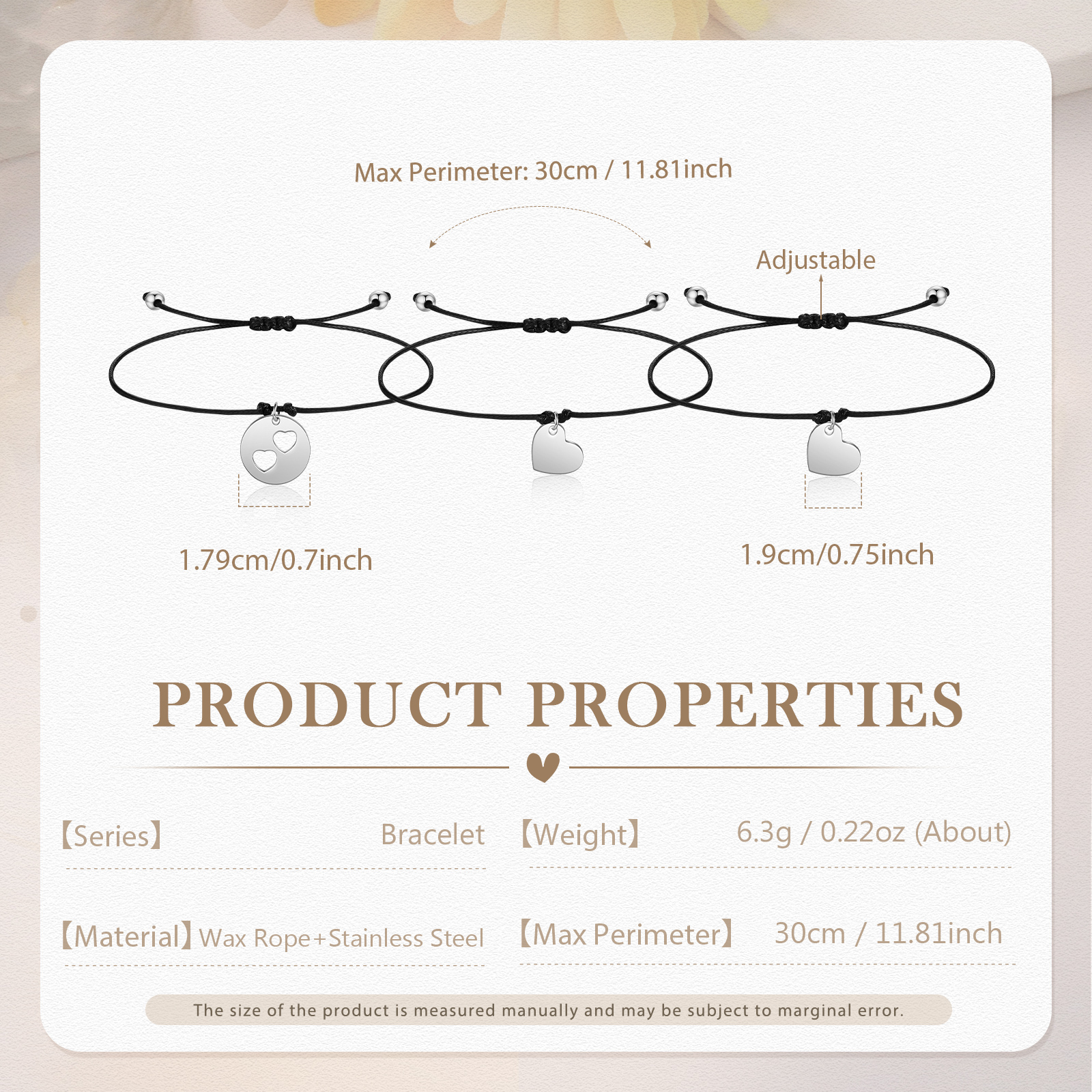 3Pcs Love Heart Bracelet Stainless Steel Braided Bracelet Kids Back to School Gift