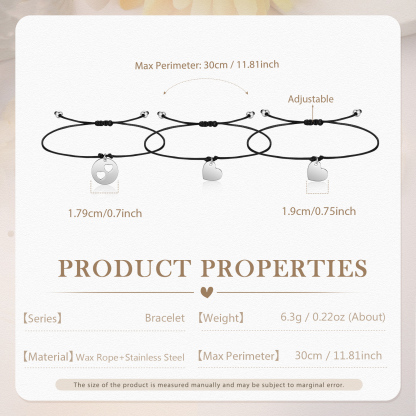 3Pcs Love Heart Bracelet Stainless Steel Braided Bracelet Kids Back to School Gift