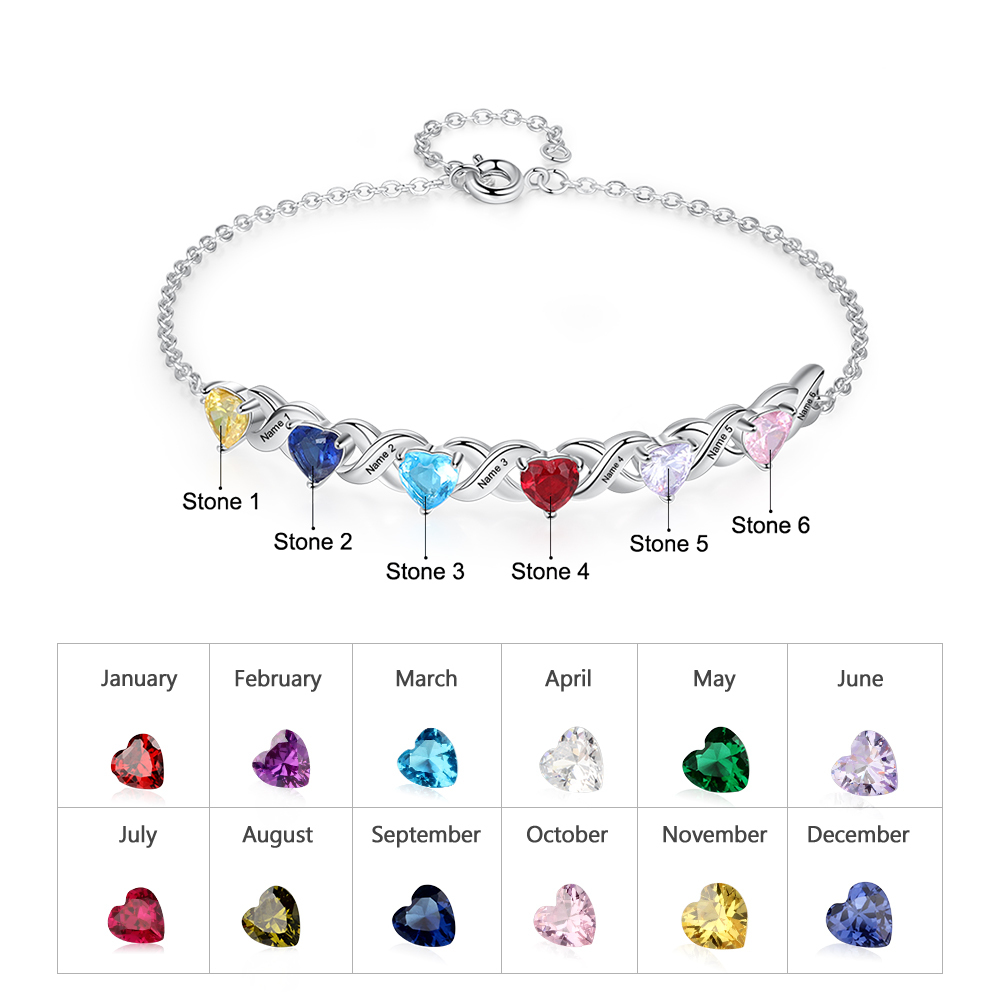 Personalized Heart Bracelet Customized With 6 Names and 6 Birthstones Family Bracelet Gift for Grandma | Jessmade