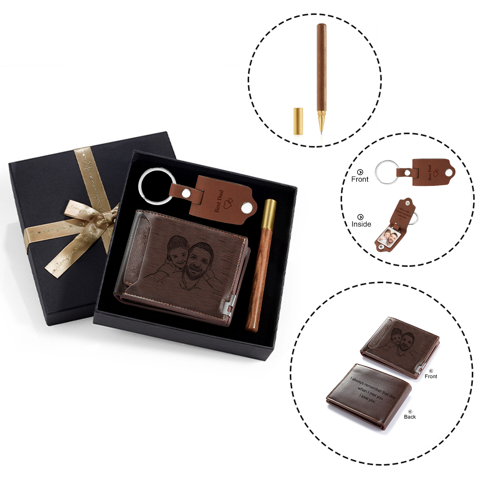 Personalized Leather Wallet Gift Box Set Keychain Strap Customizable 2 Photos and 3 Text Gift for Dad