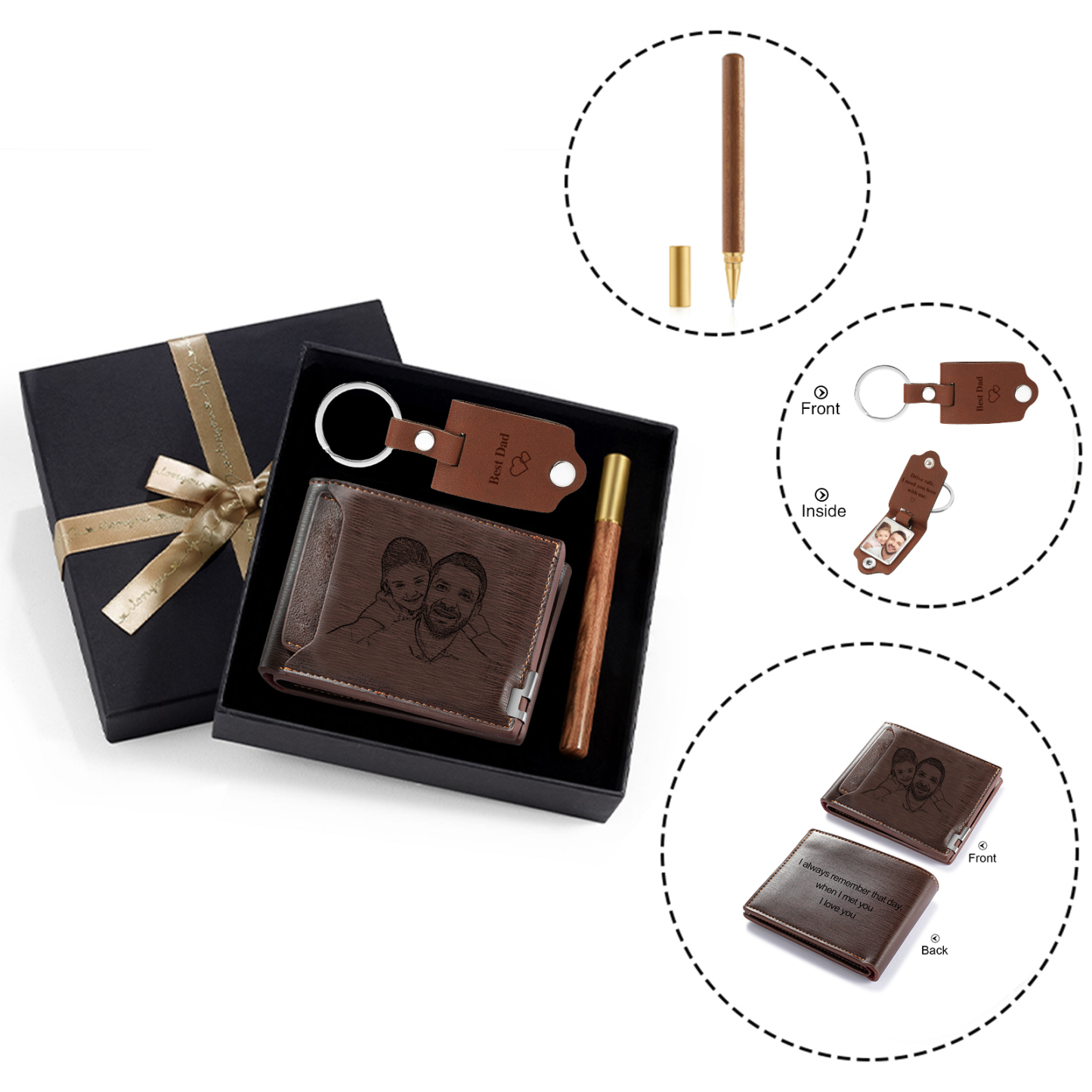 Personalized Leather Wallet Gift Box Set Keychain Strap Customizable 2 Photos and 3 Text Gift for Dad
