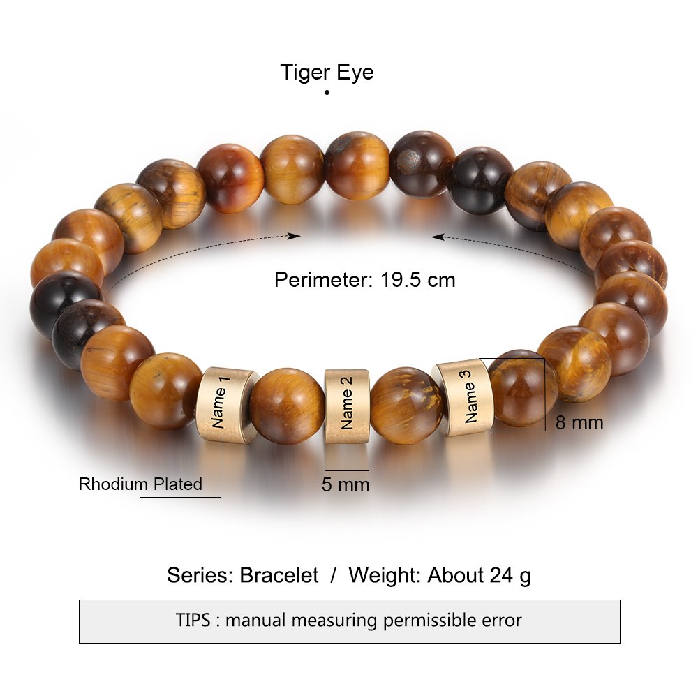 Brown Tiger Eye Men's  3 Name Bracelet Gift For Him