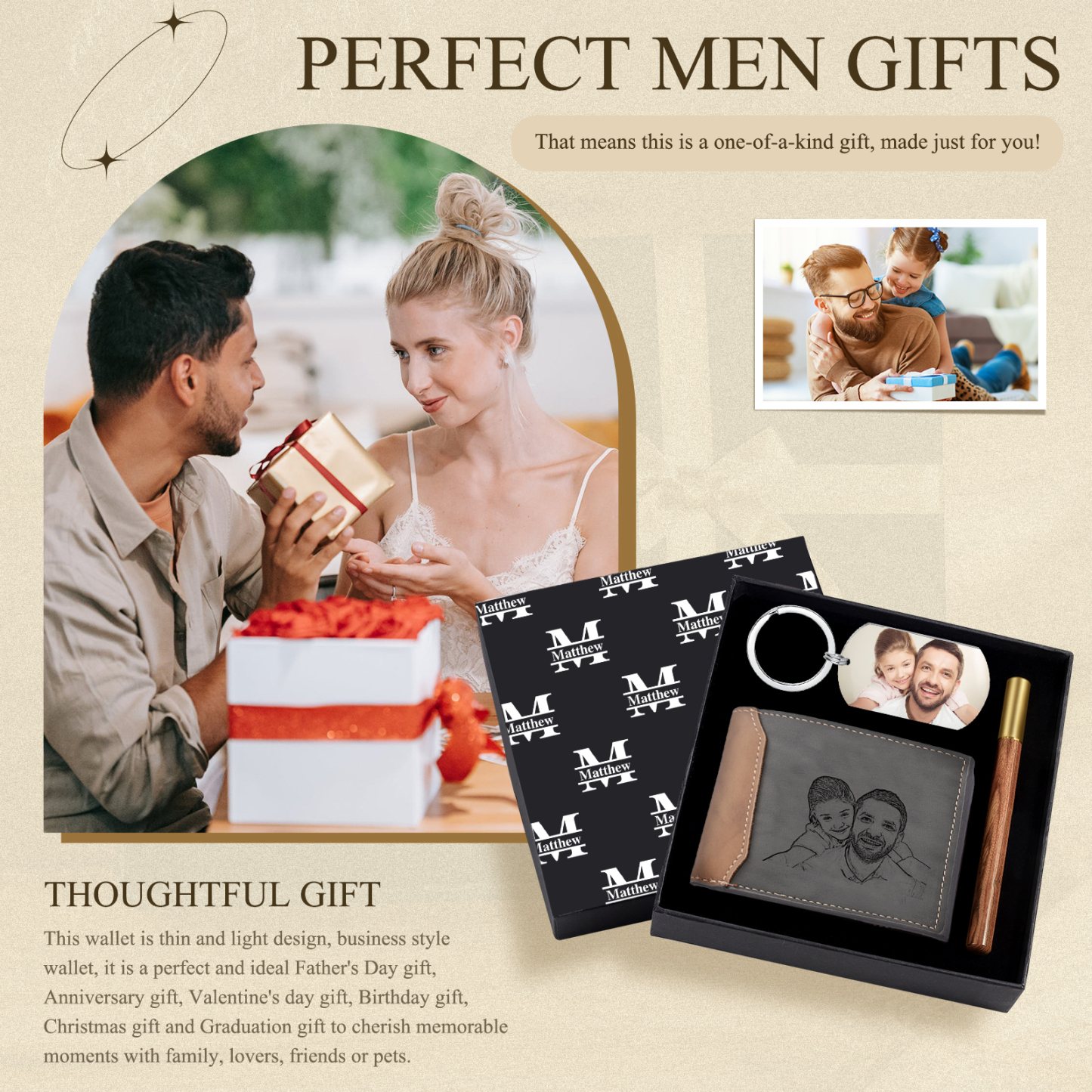 Photo Personalized Leather Wallet Gift Box Set with Keychain Customizable 2 Text, Name and Date Wallet Gift for Him