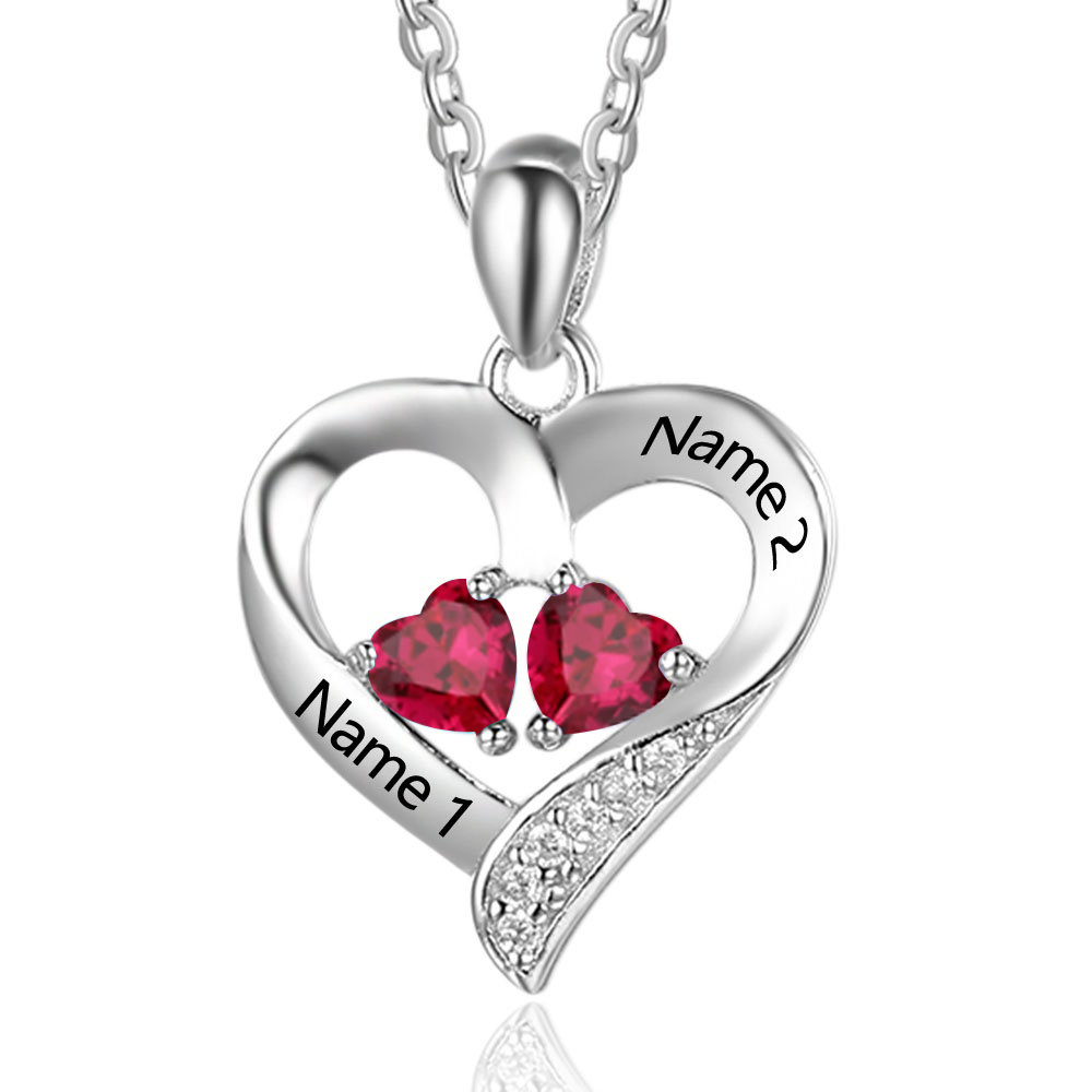 Personalized Heart Necklace With Names Custom 2 Birthstones Gifts For Women