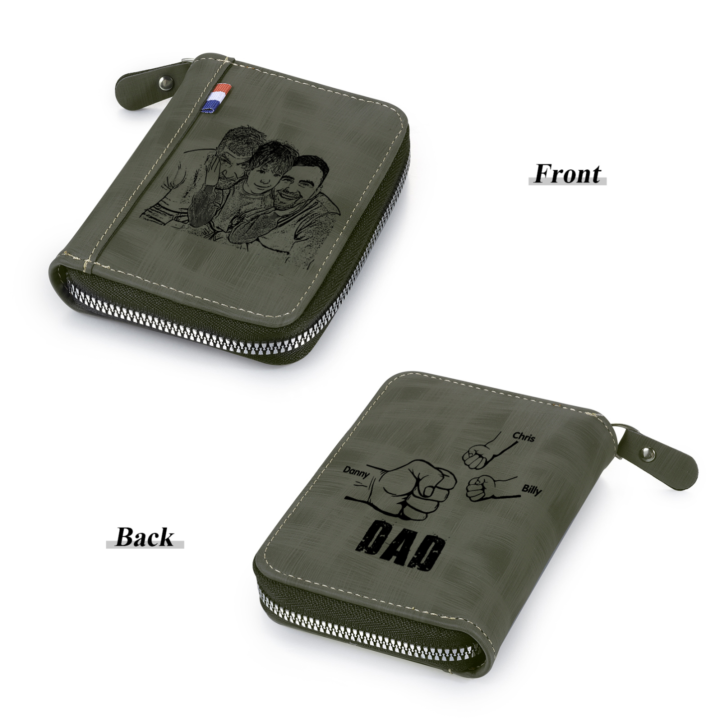 3 Names - Personalized Photo Text Custom Leather Men's Wallet Custom Name Zipper Wallet for Dad