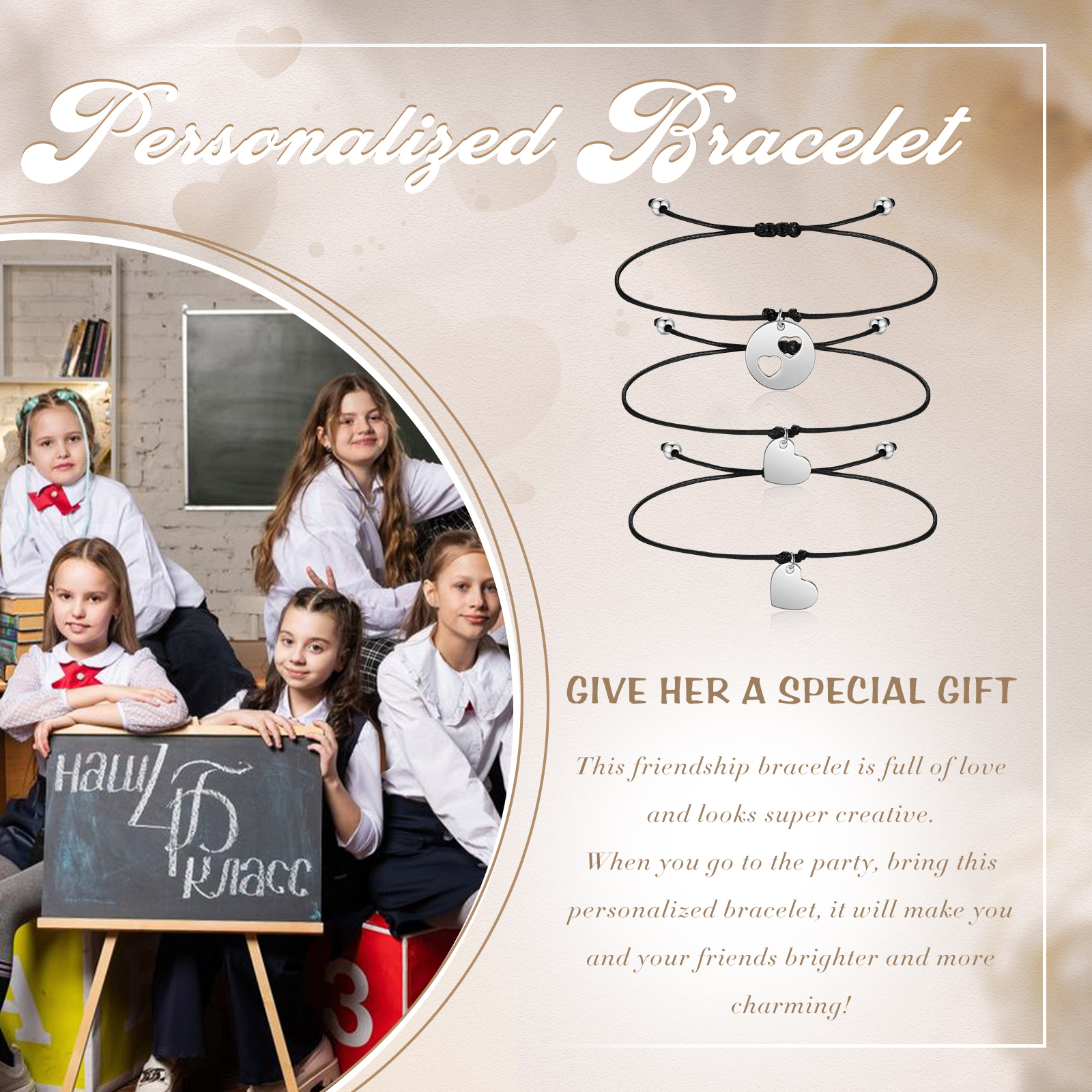 3Pcs Love Heart Bracelet Stainless Steel Braided Bracelet Kids Back to School Gift