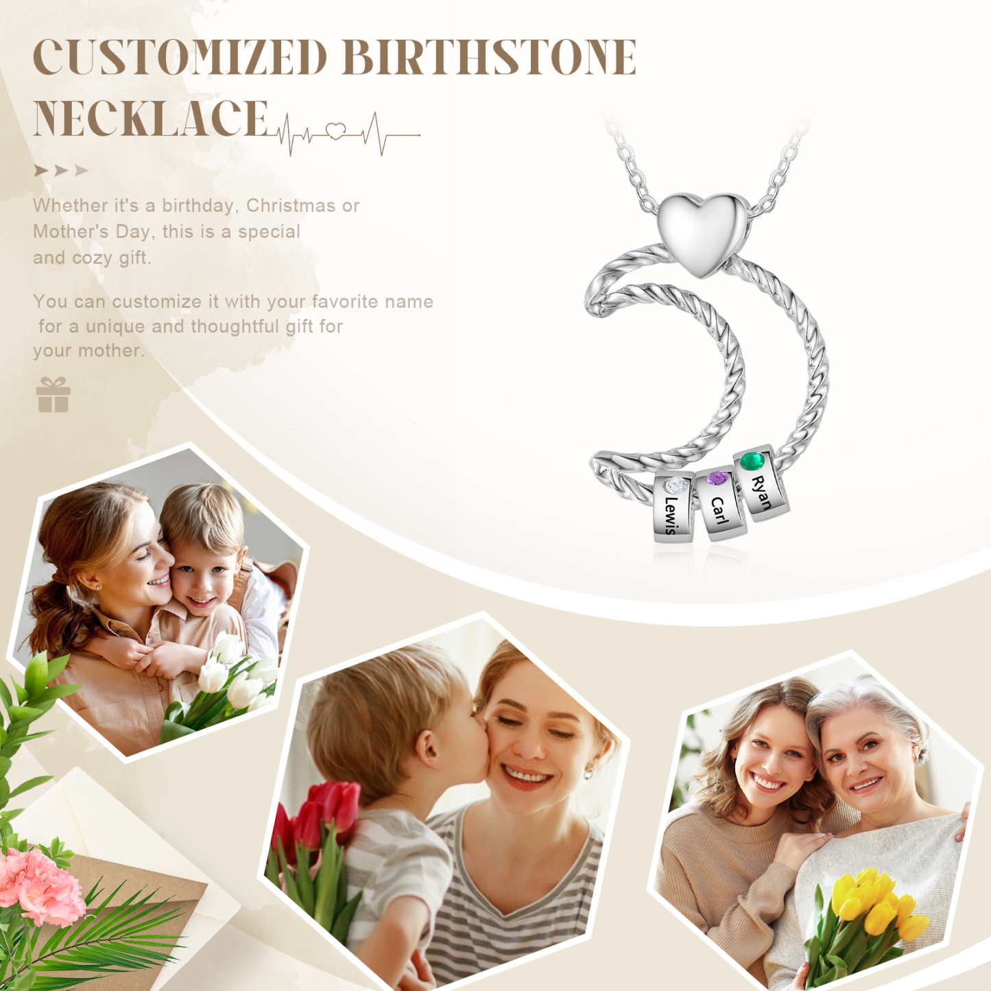 3 Names - Personalized Moon Pendant Necklace Custom Birthstones & Names Necklace Gift for Her | Jessemade