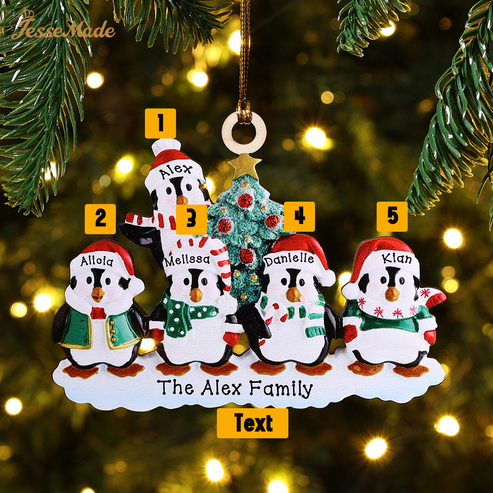 5 Names-Personalized Family Wooden Christmas Ornament-Custom 5 Names Hanging Ornament Gifts For Family-Winter Penguin Family