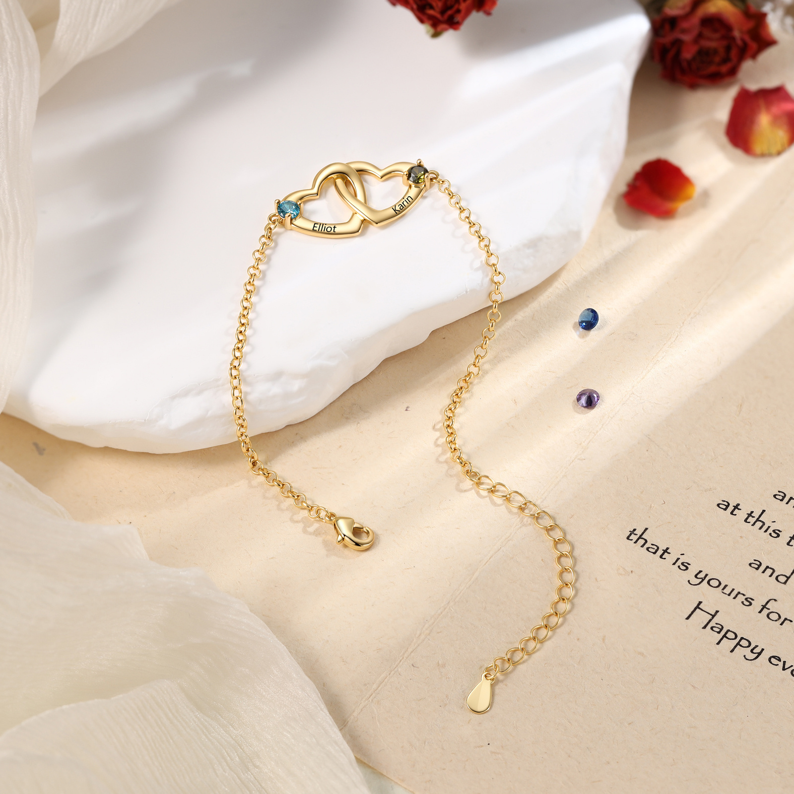 Personalized Heart Bracelet Custom With 2 Names 2 Birthstones Gift For Her