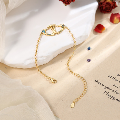 Personalized Heart Bracelet Custom With 2 Names 2 Birthstones Gift For Her