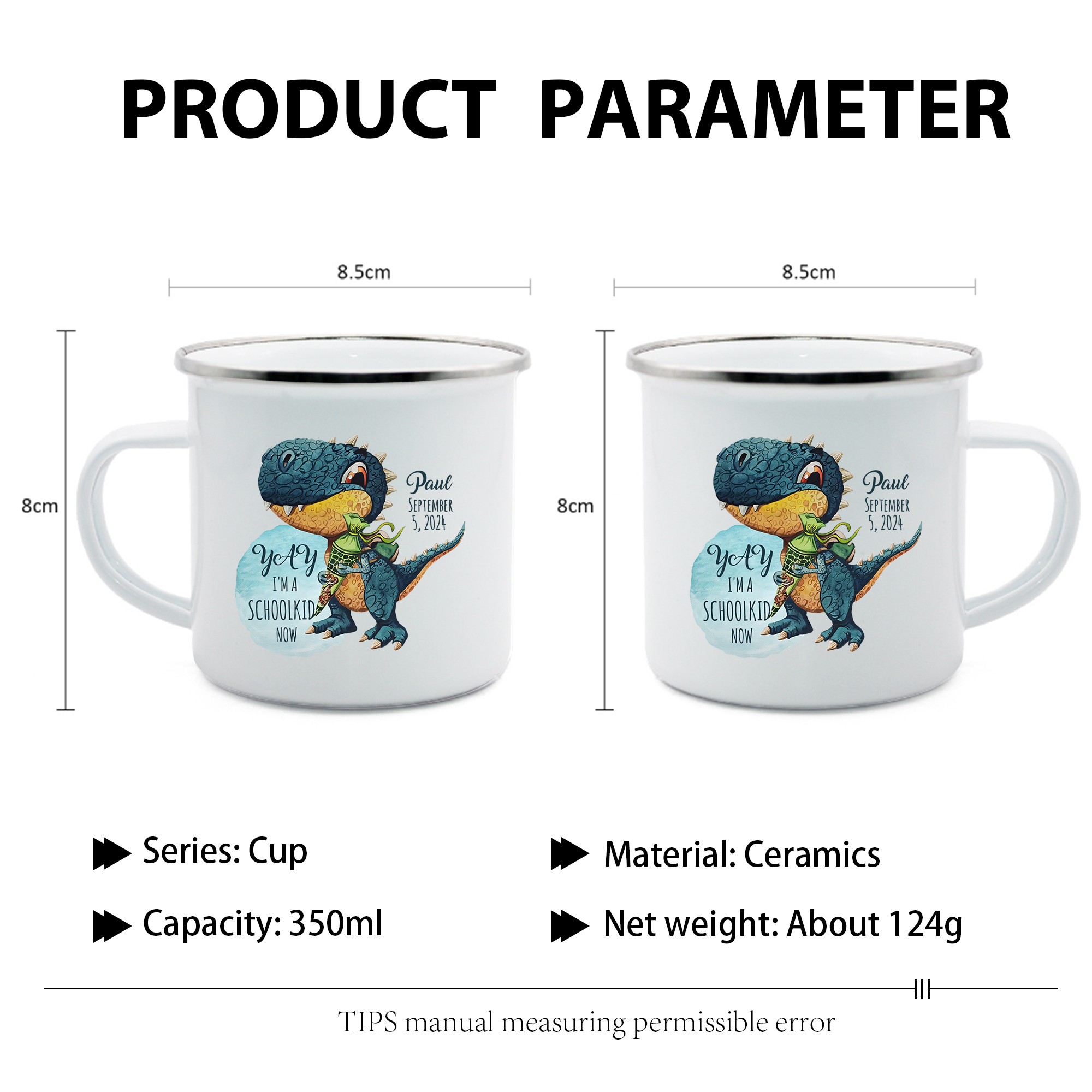 Back to School Gift Set -Personalized Gift Customized Name and Date Enamel Mug and Blue Dinosaur Pencil Case and Dinosaur Bracelet Set - Gift for Kids