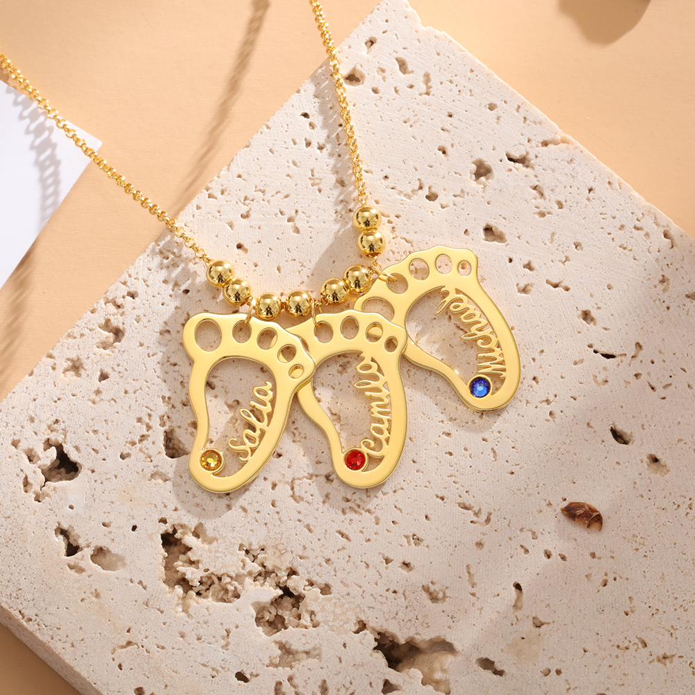 Personalized Baby Foot Engraved Names 3 Birthstones Necklace For Women Gift For Mother