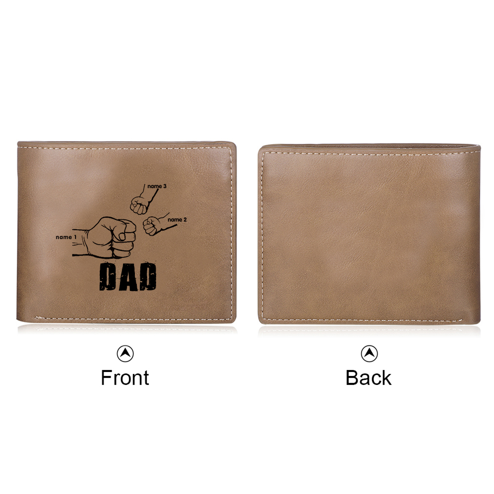 Personalized Leather Mens Wallet Engraved 3 Names Fist Bump Folding Wallet Father's Day Gifts