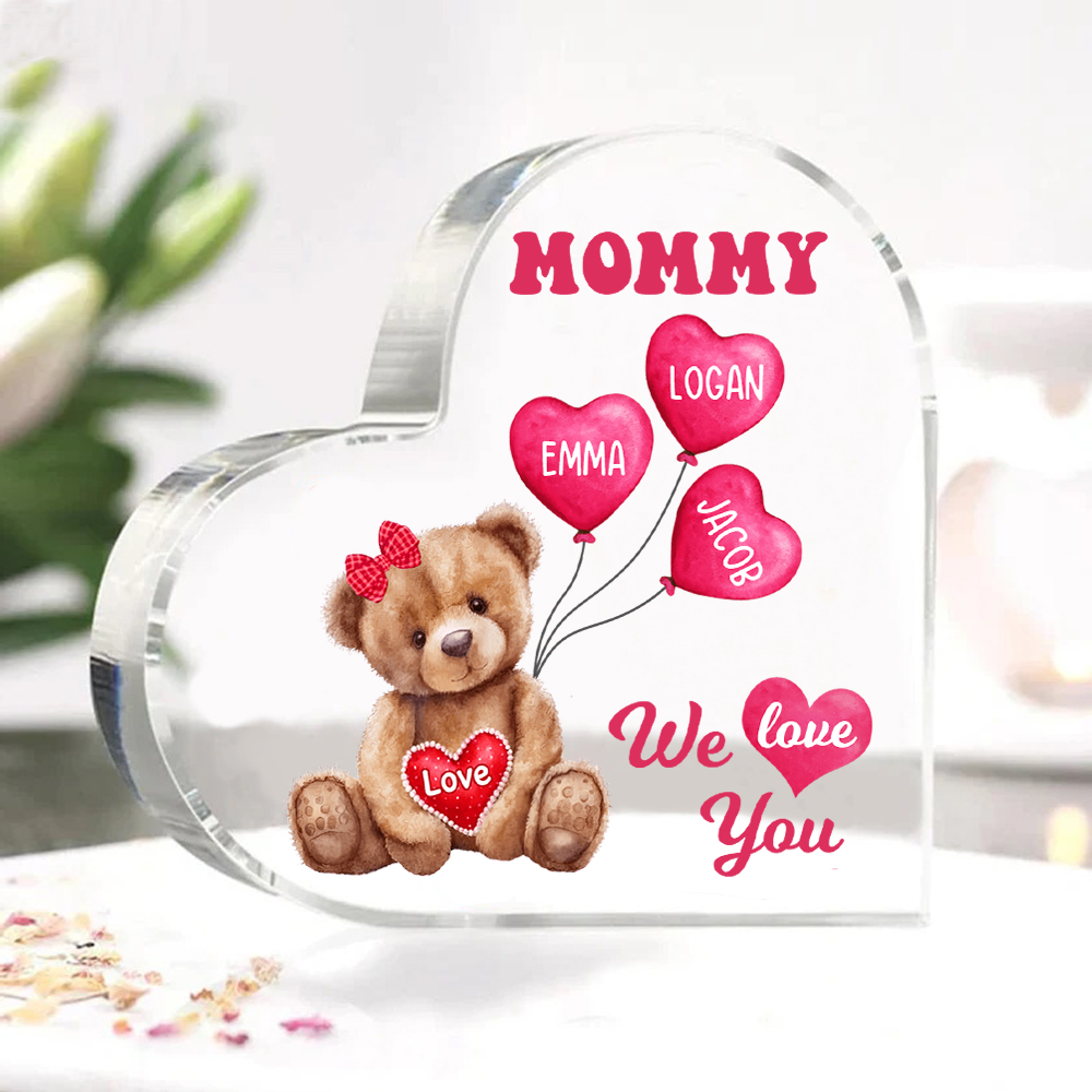 3 Names-Personalized Bear Acrylic Heart Keepsake Custom Text Acrylic Plaque Ornaments Gifts for Mom