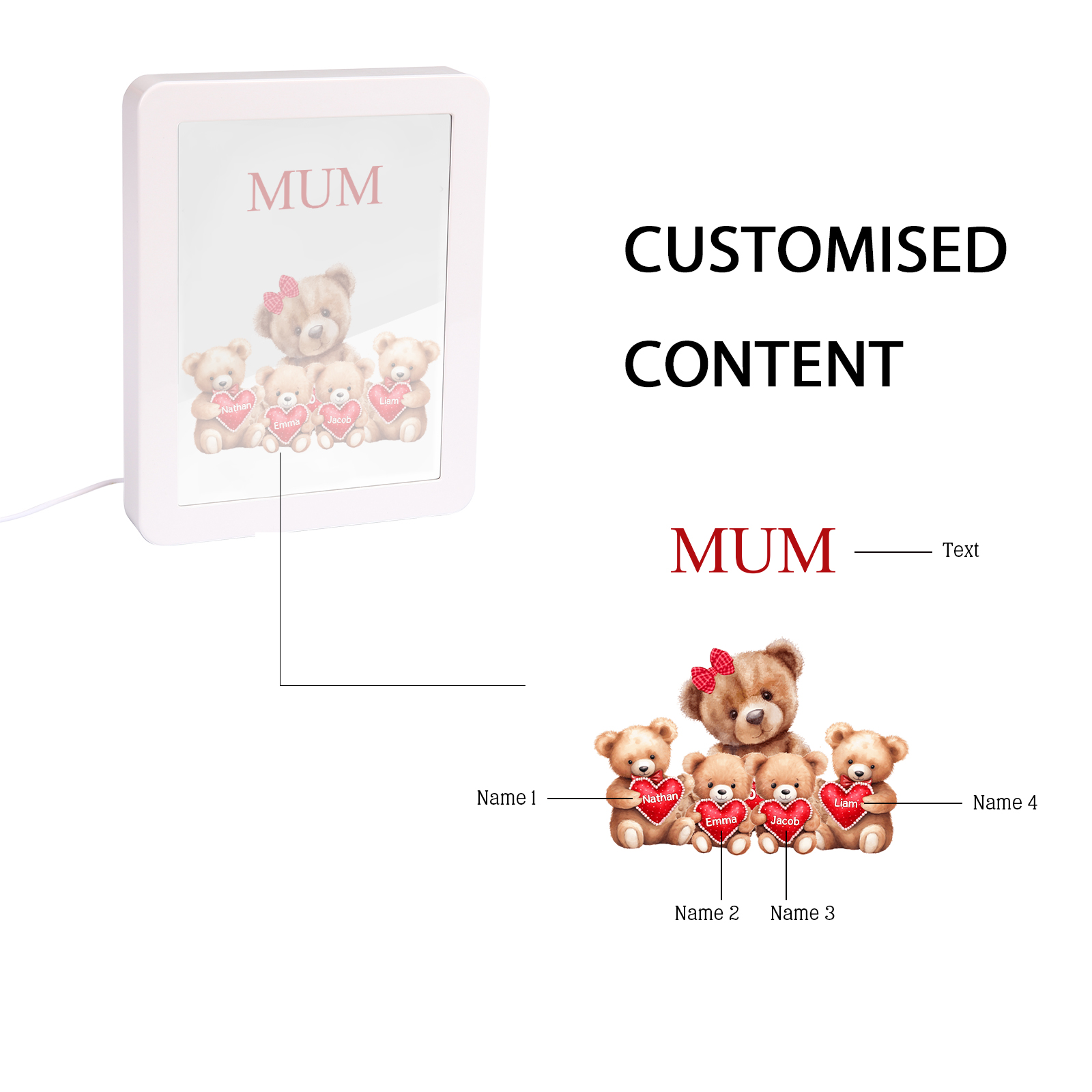 4 Names - Personalized Mum Home Bear Style Custom Text LED Night Light Gift for Mom