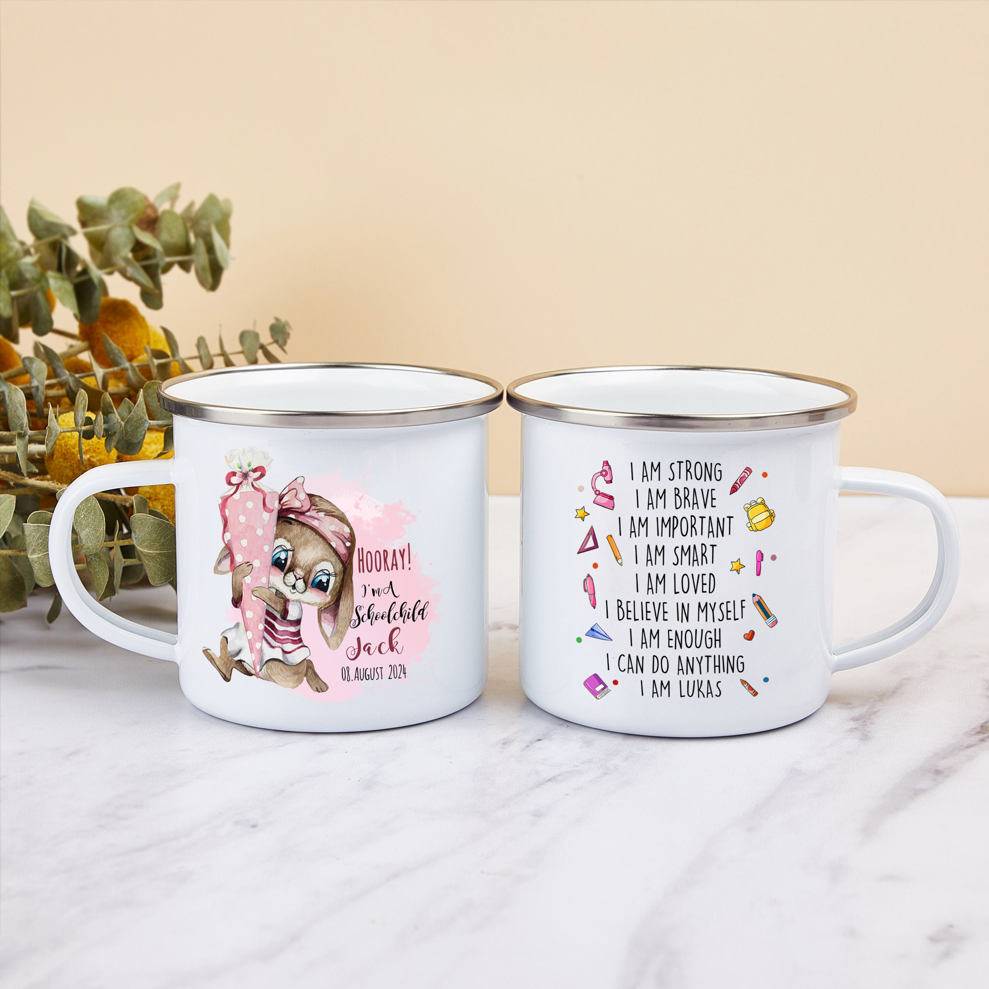 Personalized Name And Date Enamel Mug Bunny Pattern Back To School Gift For Kid