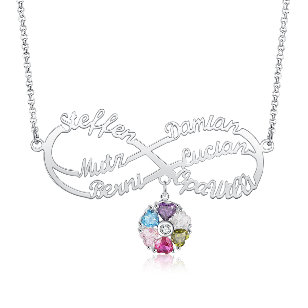 Personalized Infinity Necklace With 6 Birthstones Engraved Names Necklace Gift For Women