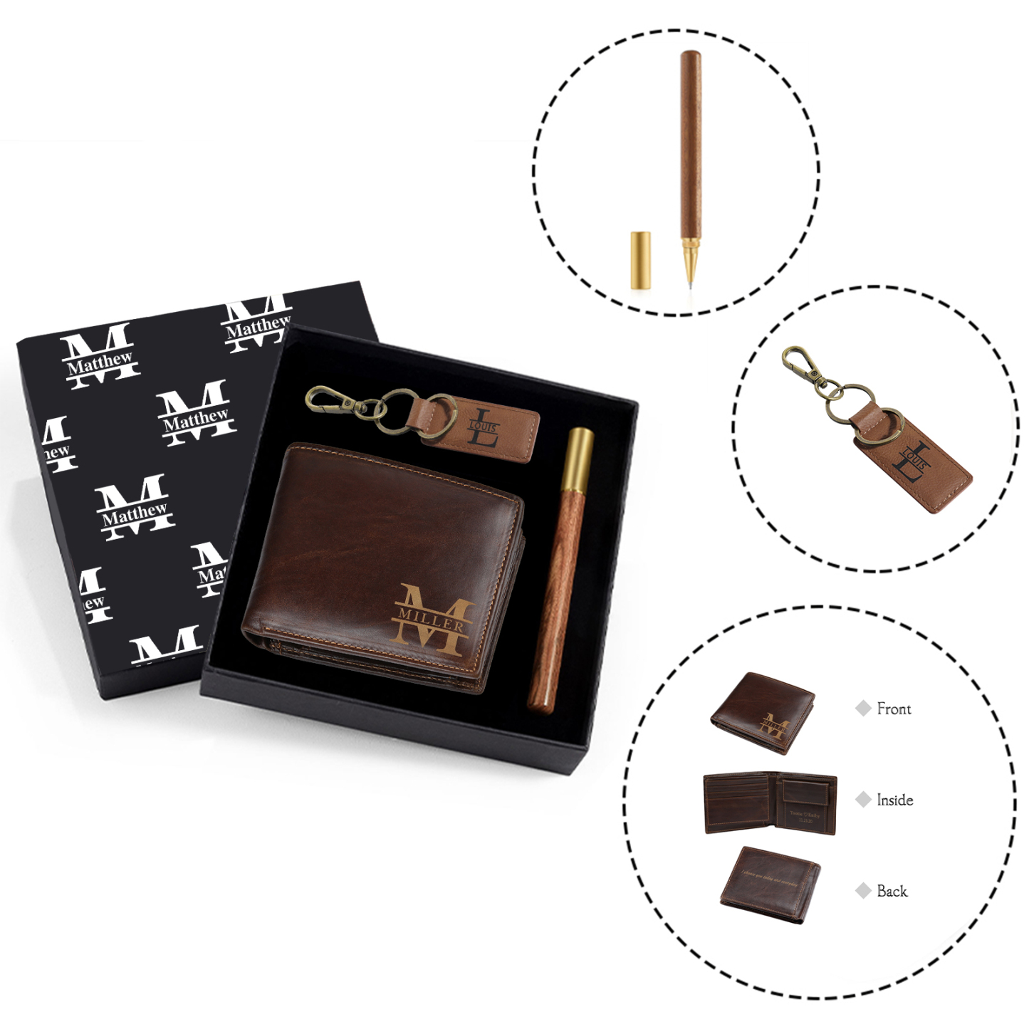 Personalized Leather Wallet Gift Box Set with Letter Name Keychain Customizable Text Wallet Gift for Him