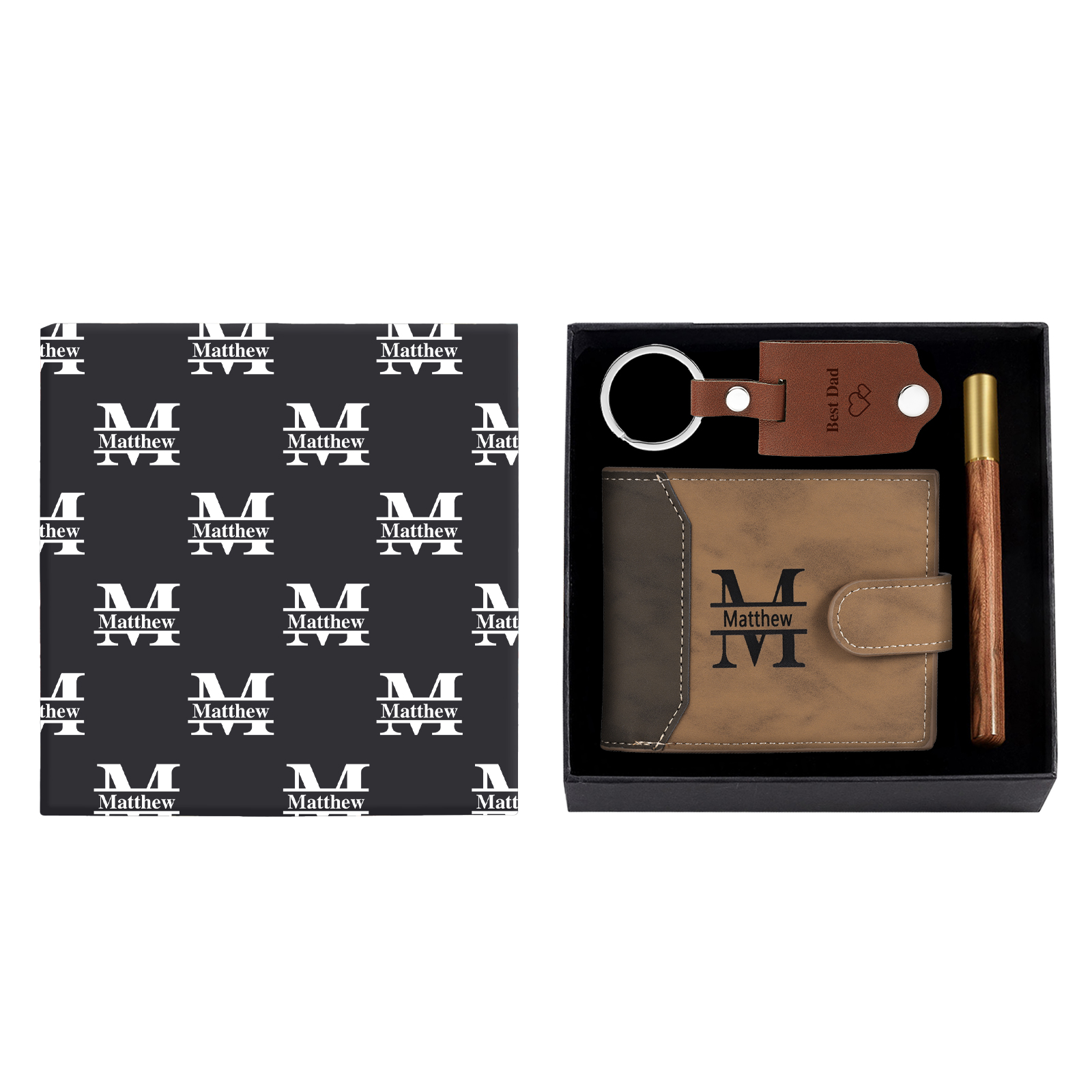 Personalized Leather Wallet Gift Box Set with Keychain Customizable Photo,Text ,Name and Letter Wallet Gift for Him