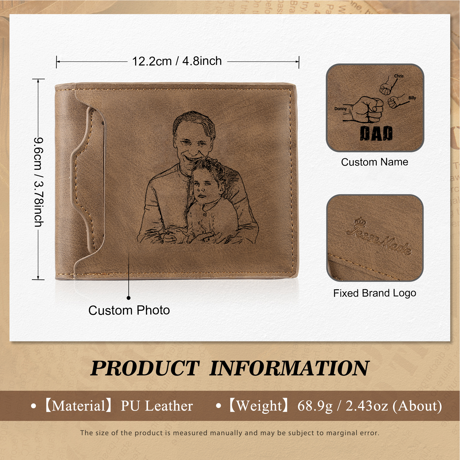 3 Names - Personalized Photo Custom Leather Men's Folding Wallet as a Father's Day Gift for Dad