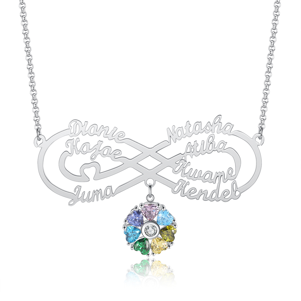 Personalized Infinity Necklace With 7 Birthstones Engraved Names Necklace Gift For Women