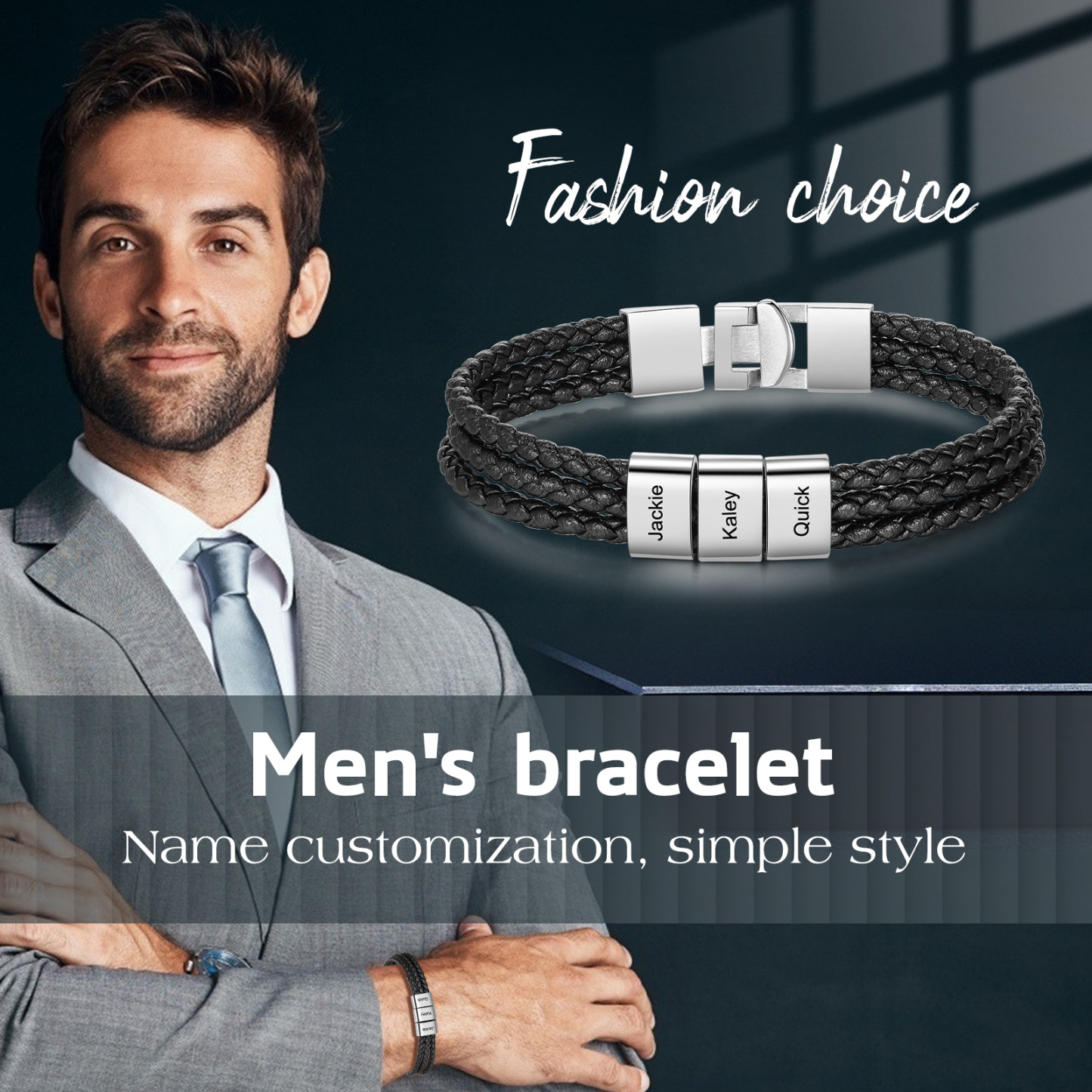 Personalized Braided Leather Bracelet Engraved 3 Names Men's Bracelet Gifts For Him
