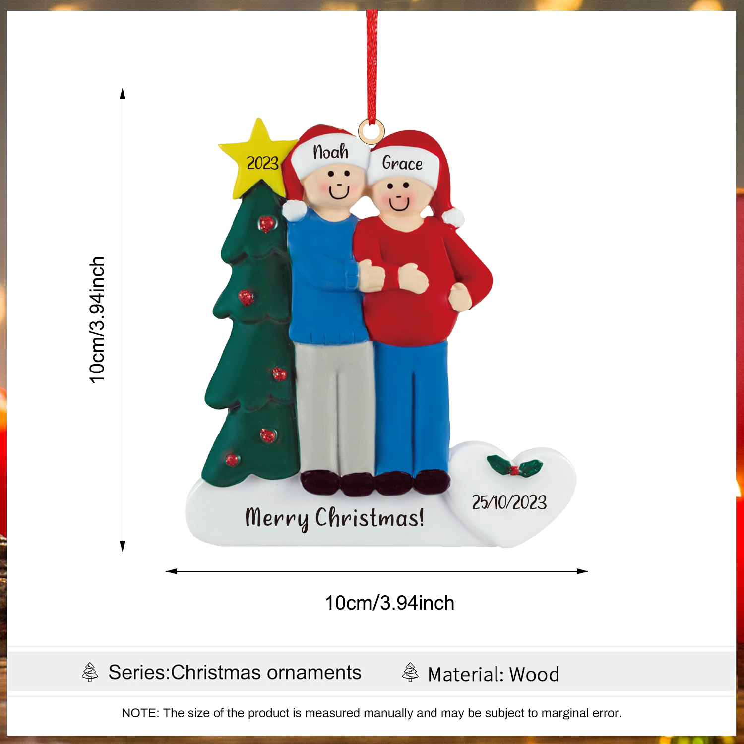 2 Names-Personalized Family Wooden Christmas Xmas Tree Decoration Ornament-Custom 2 Names And Dates Hanging Ornament Gifts For Family