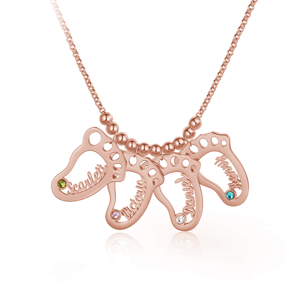 Personalized Baby Foot Engraved 4 Names Birthstones Necklace Gift For Mother