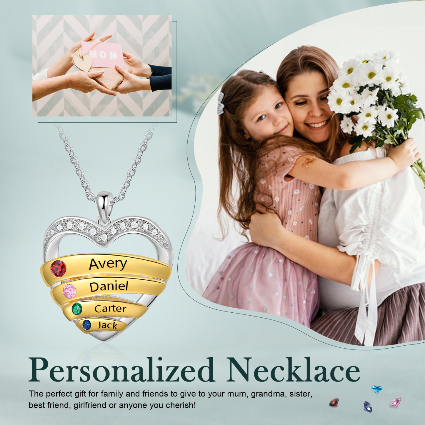 4 Names - Personalized Beautiful Heart Necklace with Custom Name and Birthstone, As a Mother's Day Gift for Mom