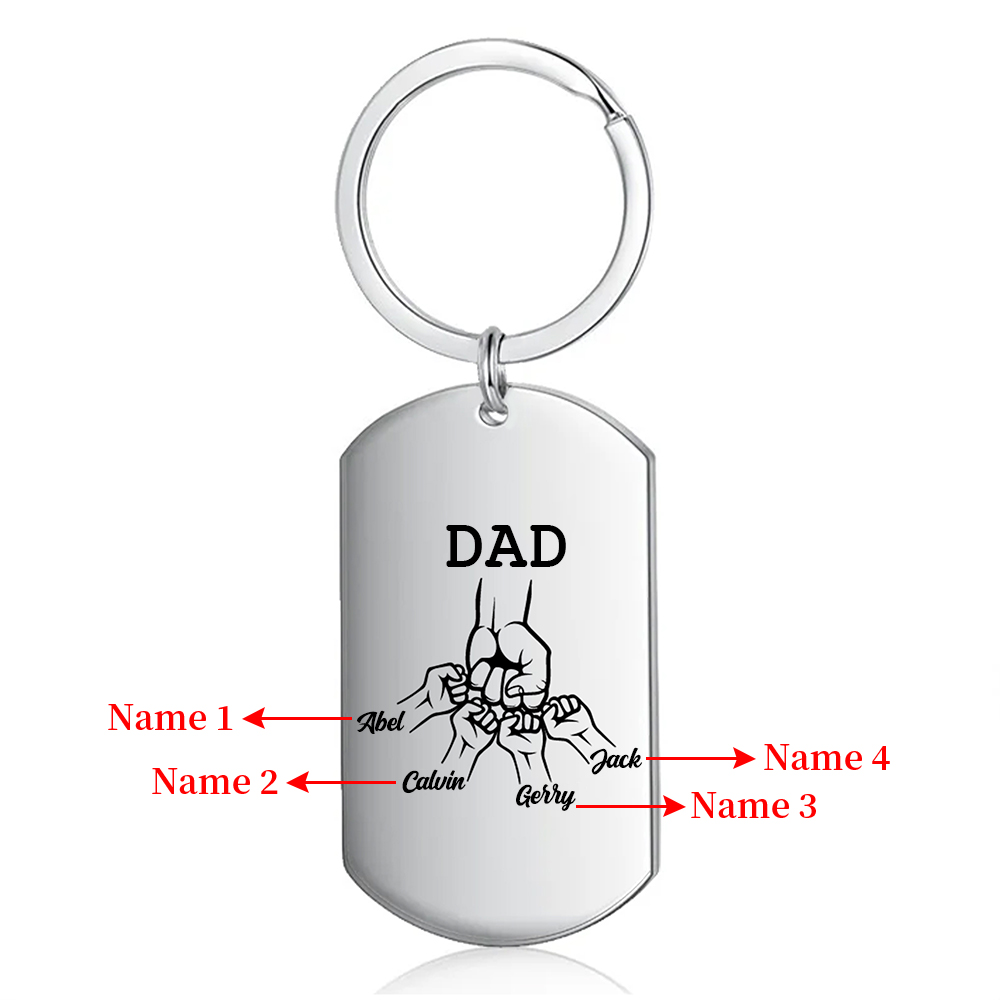 4 Names - Personalized Fist Pendant Keychain Gift Set - Customized Photo Special Gift for Dad