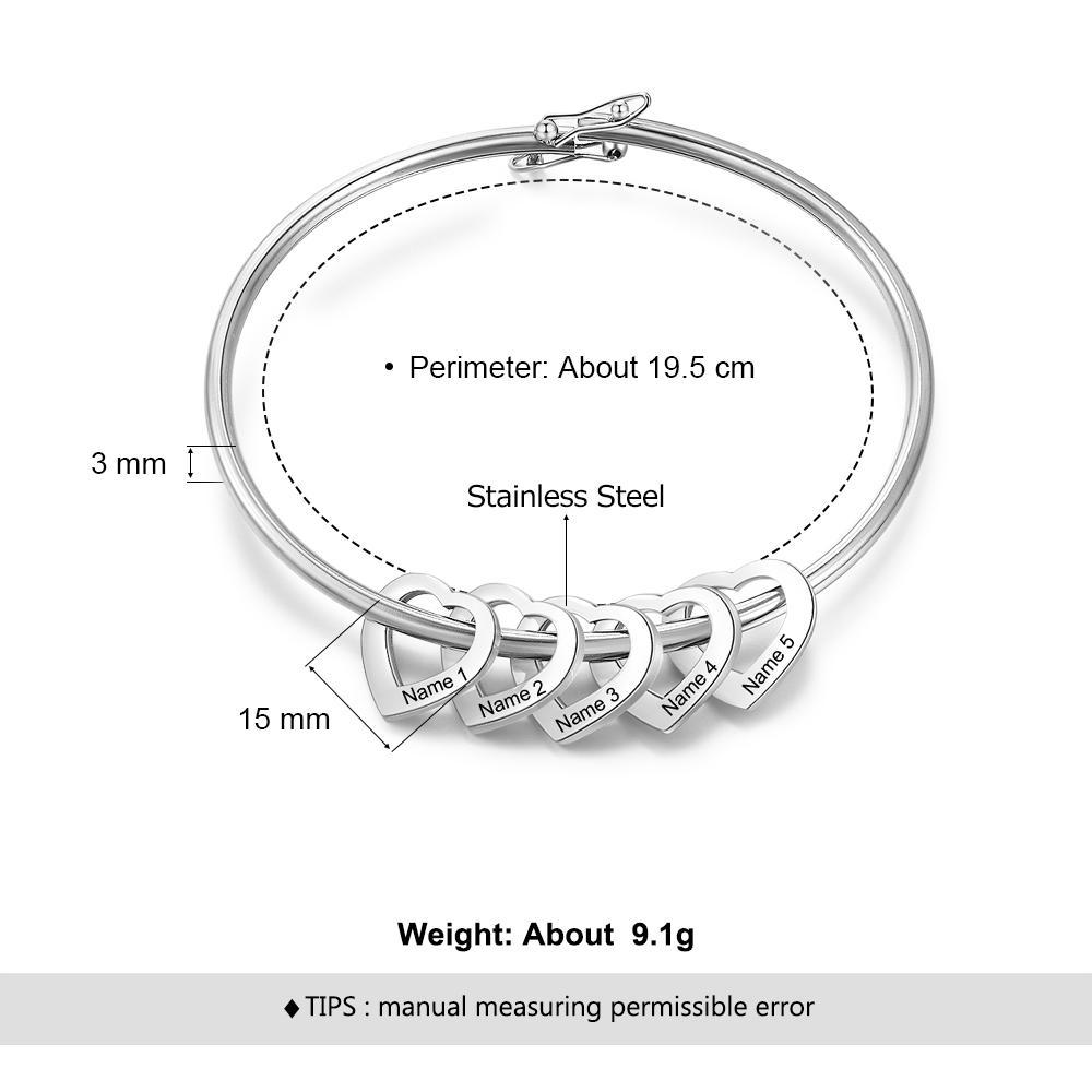 Custom Engraved 5 Names Heart Charms Prsonalised Bangle Bracelet for Women 