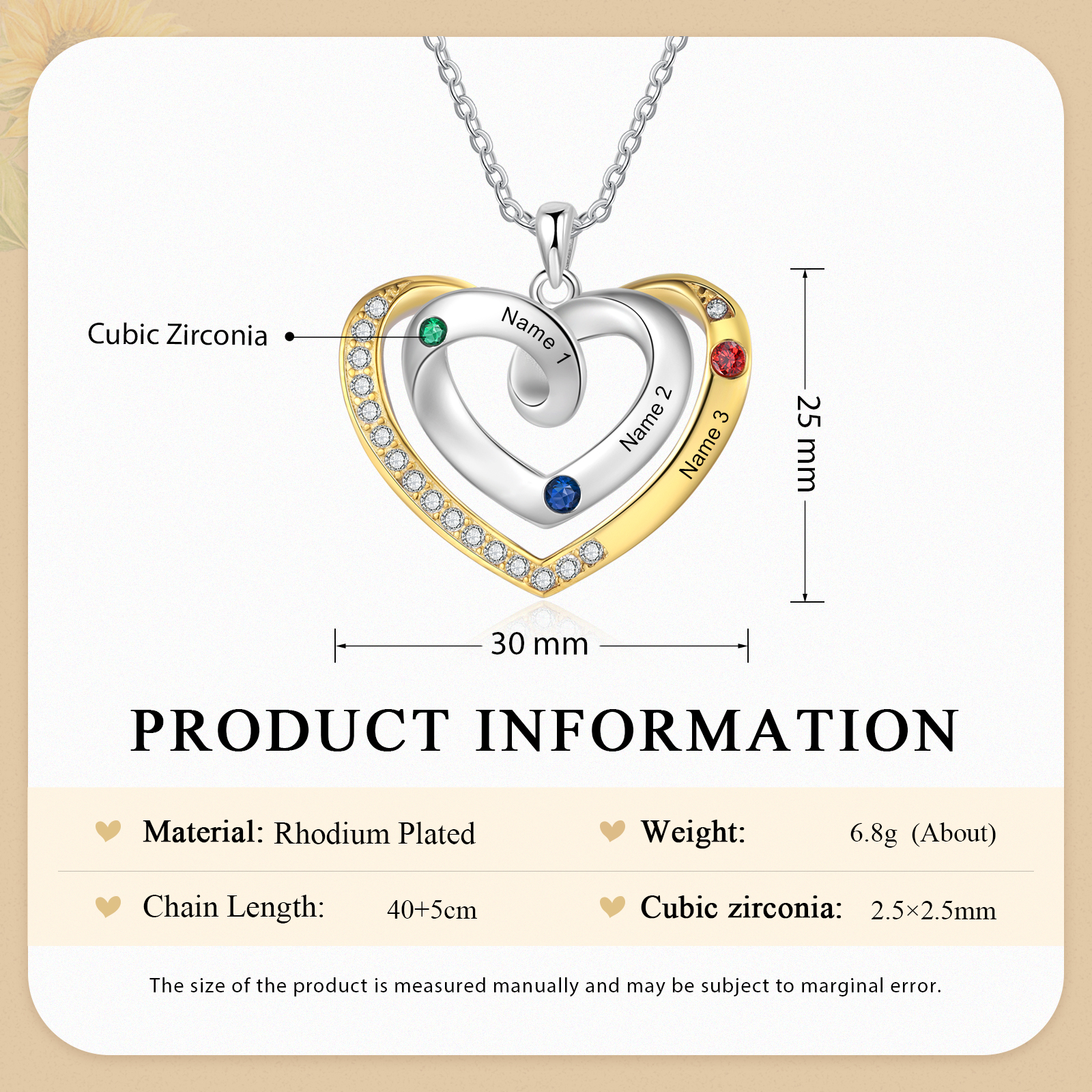 3 Names - Personalized Heart Necklace with Customized Names and Birthstone, A Perfect and Exquisite Gift for Her