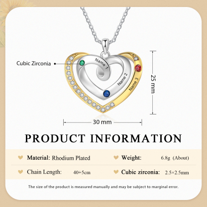 3 Names - Personalized Heart Necklace with Customized Names and Birthstone, A Perfect and Exquisite Gift for Her