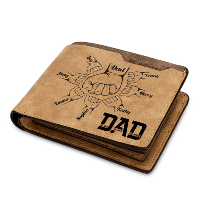 8 Names - Personalized Fist Bump Pattern Custom Name Leather Men's Wallet as a Father's Day Gift for Dad