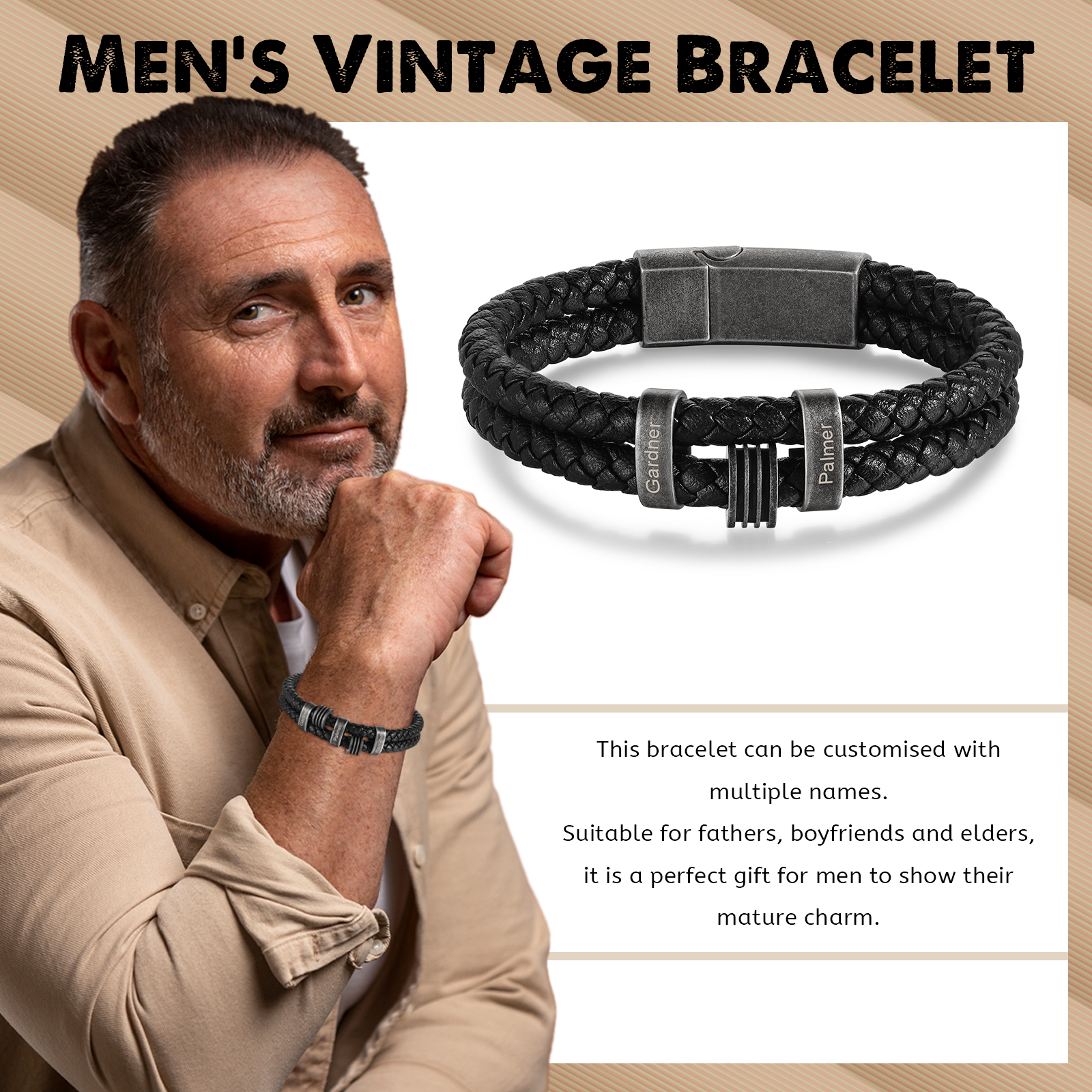 Personalized PU Leather Men's Bracelet, Custom 2 Names Bracelets Vintage Gift for Him-2 Names