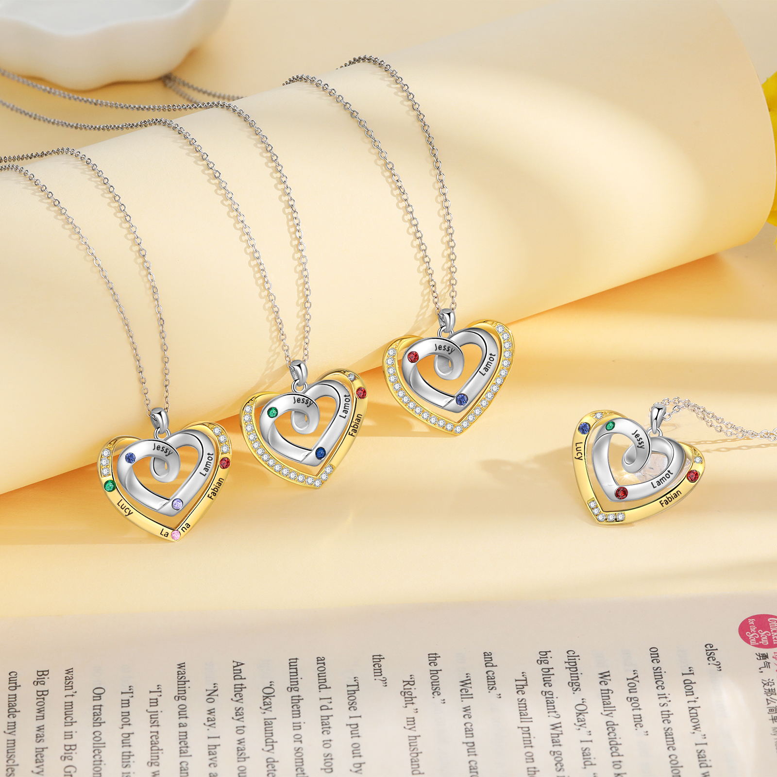 3 Names - Personalized Heart Necklace with Customized Names and Birthstone, A Perfect and Exquisite Gift for Her