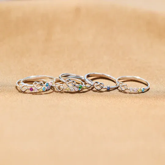 Family Ring Personalized 3 Birthstones Heart Knot Ring Band