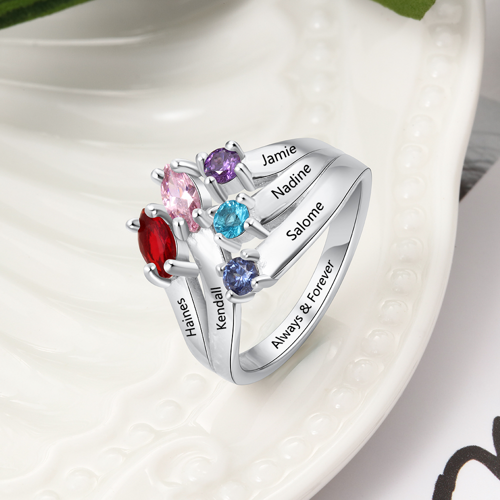 Mother's Day Family Ring Personalized 5 Birthstones Ring With Names Gifts for Her