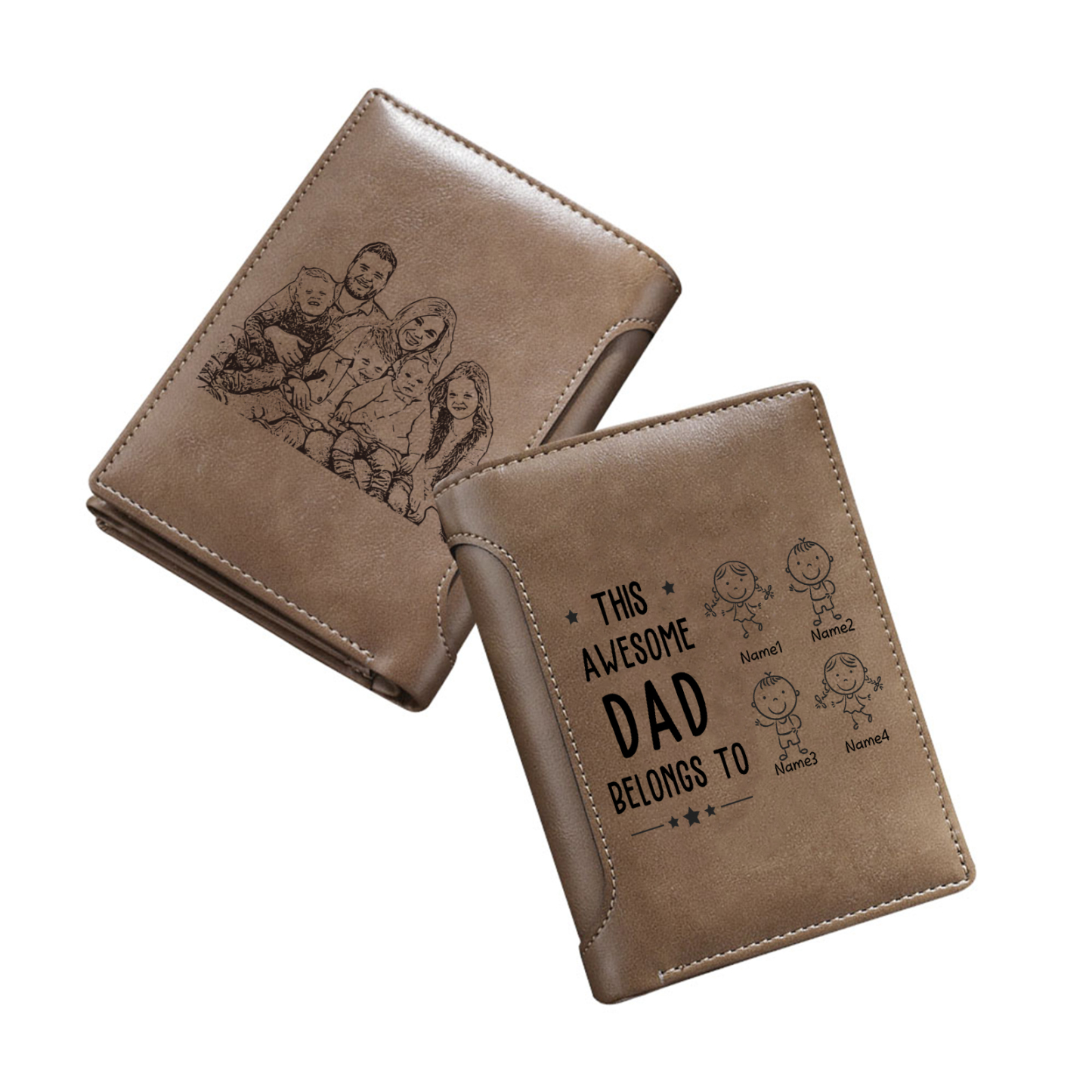 Jessemade UK 4 Names-Personalized Doll Customized Leather Men's Wallet Customized Name Folding Brown Wallet for Dad 26.99 m1-c4-n4