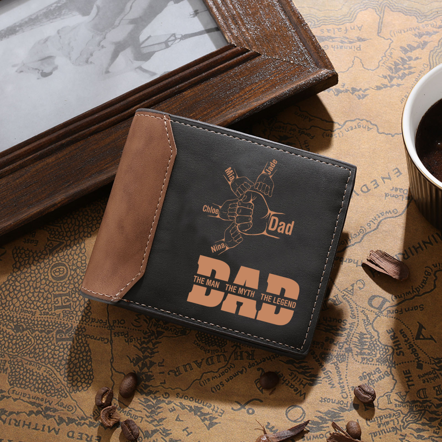 2-9 Names-Personalized Leather Men Wallet Engraved Fist Bump Folding Wallet Gift For Dad - Customized in the USA & Ships in 2 Days