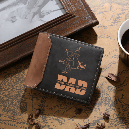 2-9 Names-Personalized Leather Men Wallet Engraved Fist Bump Folding Wallet Gift For Dad - Customized in the USA & Ships in 2 Days