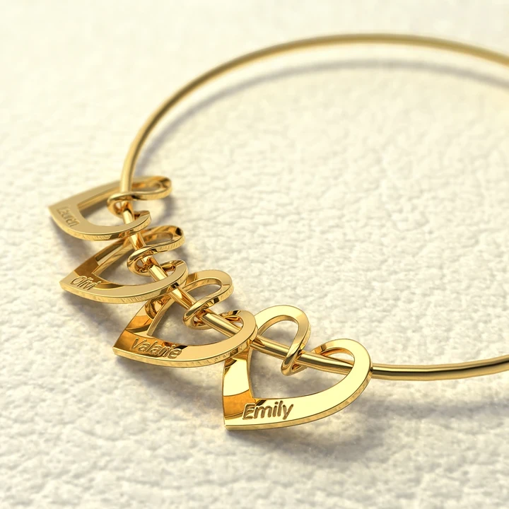 3 Names-Personalized Love Bracelet with 3 Heart Charms Engraved Name Bangle Bracelet