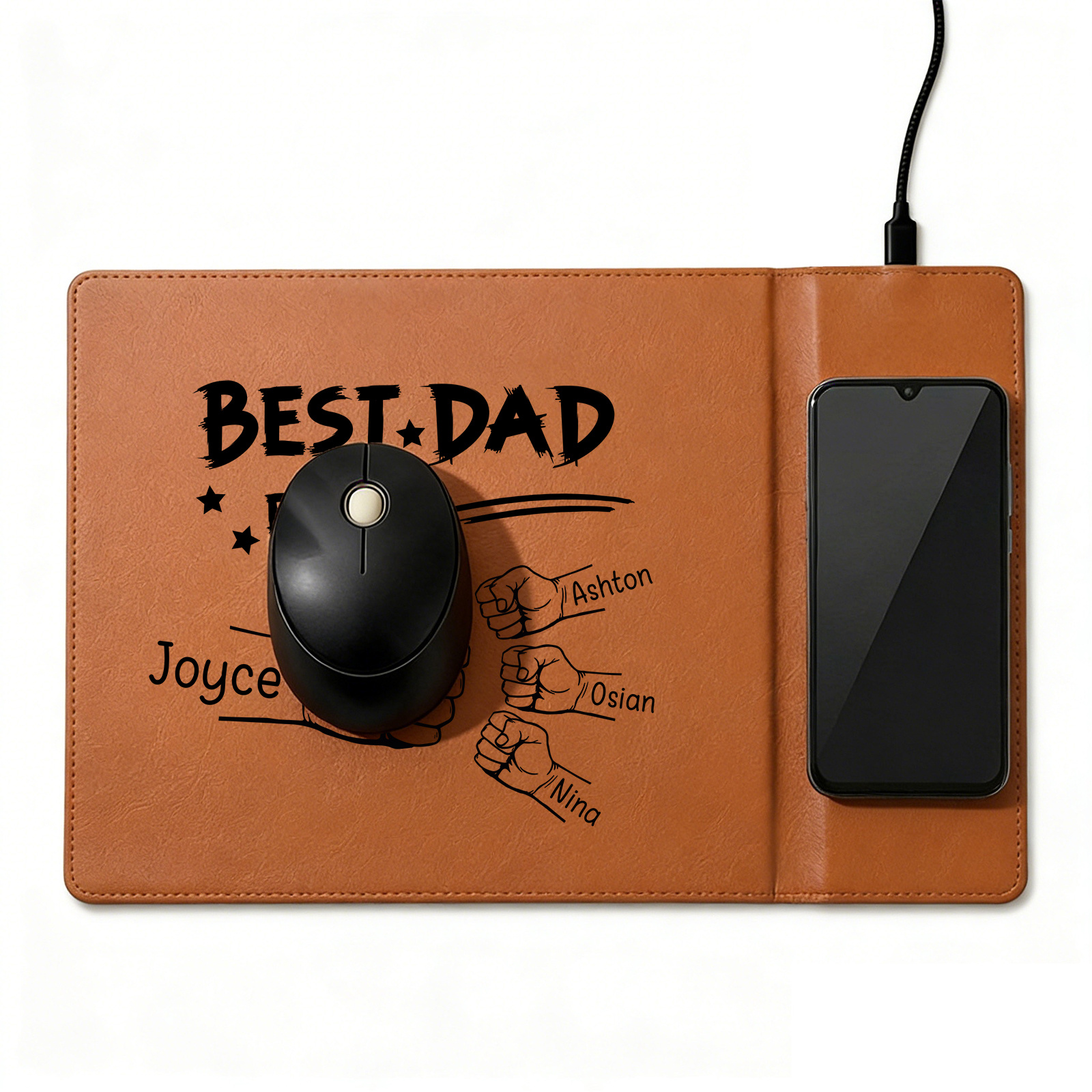 Personalized Leather Desk Pad With Wireless Charging Function Custom with 1-6 Names And Fist Bumps